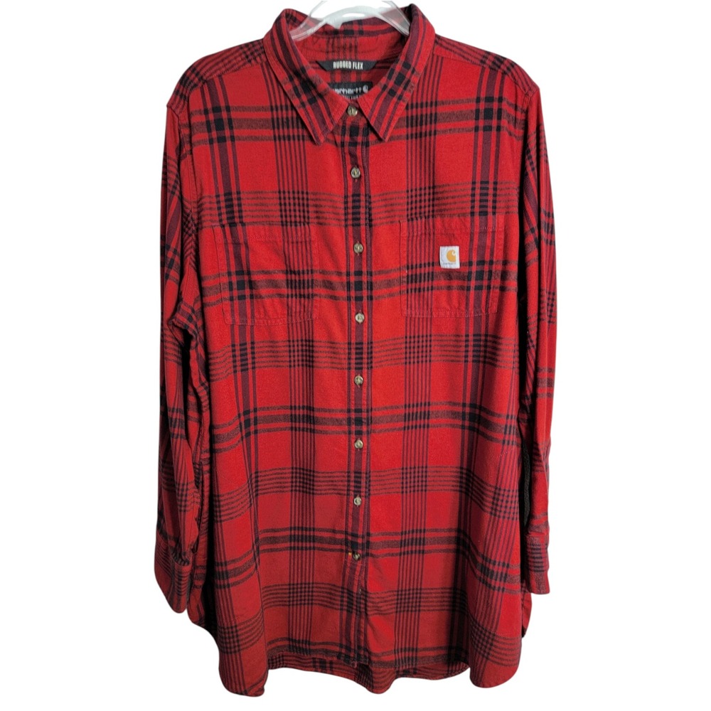 Carhartt Womens 2X Button Up Red Black Plaid Rugged Flex TW5575-W Relaxed Fit